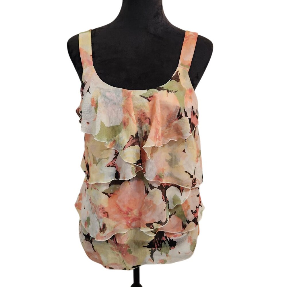 Iz Byer Ruffled Layered Multicolor Floral Sleeveless Top Size L